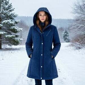 Liverpool Jacket Winter Trench Coat Quilted Hooded MidnightBlue Zip Snap Women L